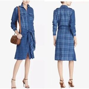 POLO RALPH LAUREN Plaid Linen Shirtdress Denim Plaid Sarong Wrap Dress Size 2
